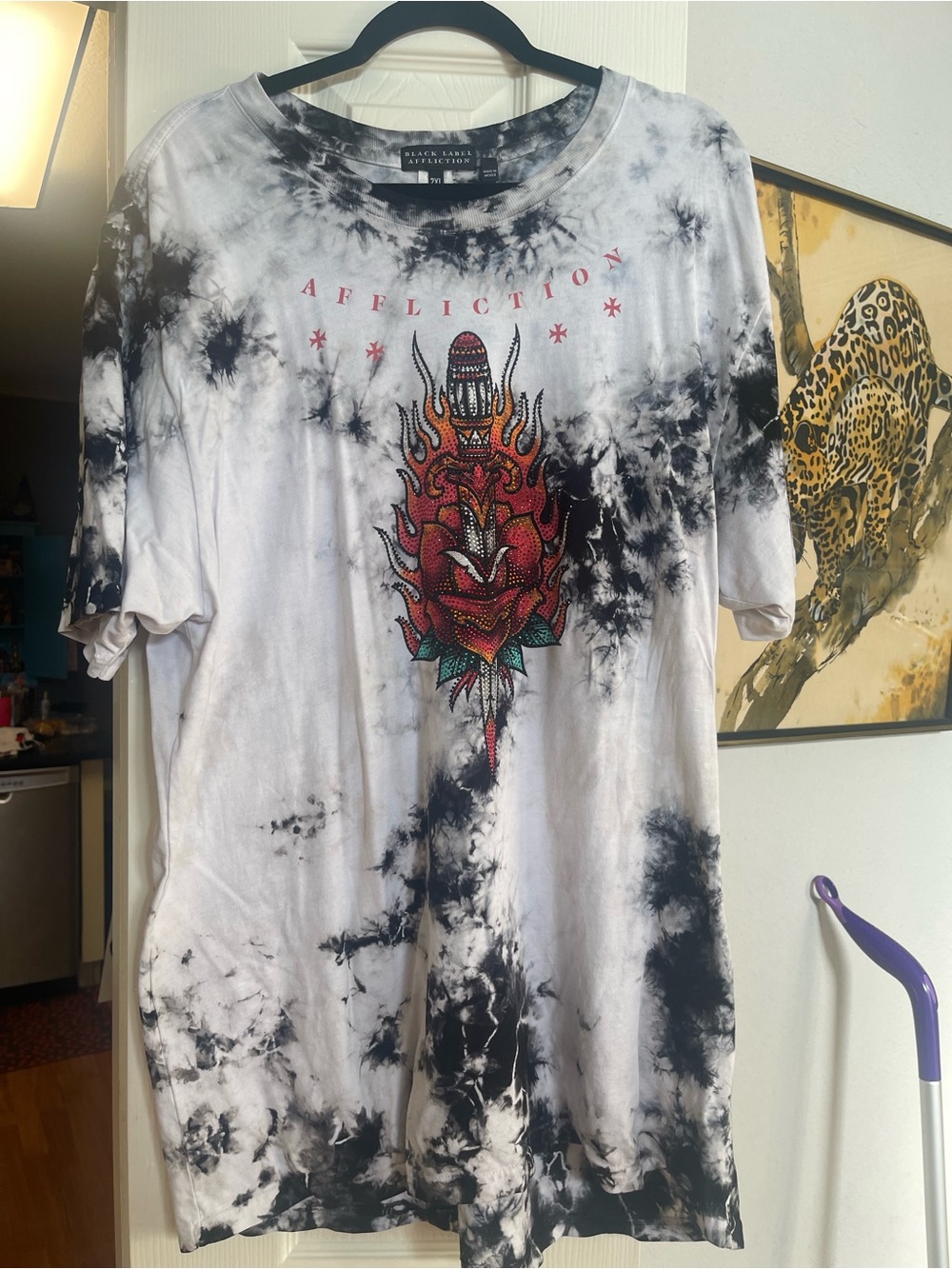 Affliction Black & White Tie-Dye Tee with Red Flame Rose